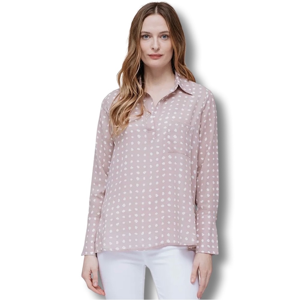 Pleione Anthropology Pink/Beige and Whiye Dots Long Sleeve Pull Over Blouse Top